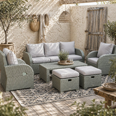 Wyld Haus Tanette Light Grey 7-Seater Rattan Outdoor Sofa Set With 2 Reclining Armchairs And 2 Footstools from B&Q