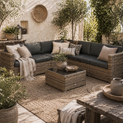 Wyld Haus Lofa 6-Seater Modular Rattan Outdoor Corner Sofa Set With Cushions And Glass Coffee Table from B&Q