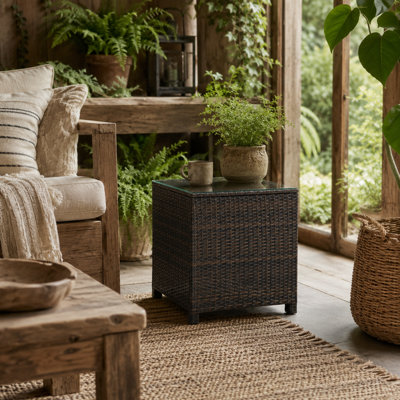 Wyld Haus Naco Mixed Brown Rattan Outdoor Side Table With Tempered Glass Top64 X 64 X 68 Cm from B&Q