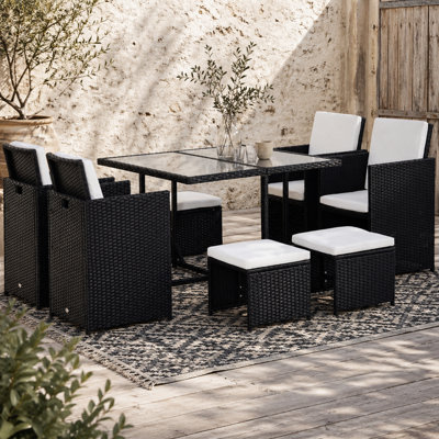 Wyld Haus Viro Rattan 8-Seater Cube Garden Dining Set Black With Cushions And Square Tempered Glass Table from B&Q