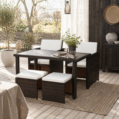Wyld Haus Nevani Brown 5 Piece Cube Rattan Garden Dining Set With Armchairs Stools And Rectangular Glass Table from B&Q