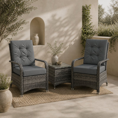 Wyld Haus Lepano 3-Piece Grey Rattan Bistro Set2 Cushioned Chairs And Glass-Top Table For Patios And Balconies from B&Q