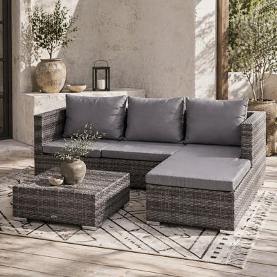 Wyld Haus Sevafa Grey L-Shaped 3-Piece Rattan Outdoor Corner Sofa Set With Cushions And Coffee Table from B&Q