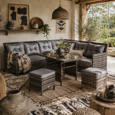 Wyld Haus Dili Rattan 8-Seater Grey Outdoor Sofa Set With Cushions And Table from B&Q