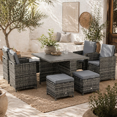 Wyld Haus Noco Rattan Grey 8-Seater Outdoor Dining Set With Armchairs And Footstools9-Piece Cube Layout from B&Q