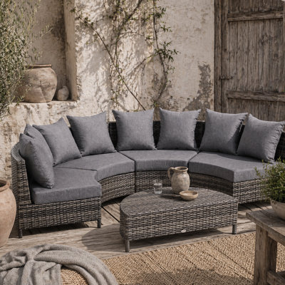 Wyld Haus Reka Grey 5-Piece Half-Round Outdoor Rattan Sofa Set With Semi-Circle Coffee Table from B&Q