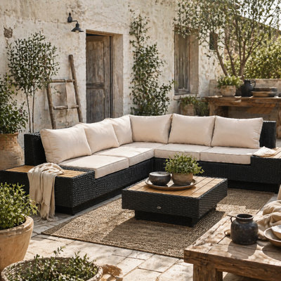 Wyld Haus Miramar 5-Seater Modular Rattan Corner Sofa Set With Coffee Table And Cream Cushions from B&Q