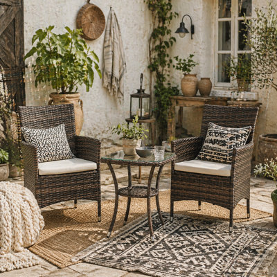 Wyld Haus Lovi Brown 3-Piece Outdoor Bistro Chair Set With Cushions2 Armchairs And Coffee Table from B&Q