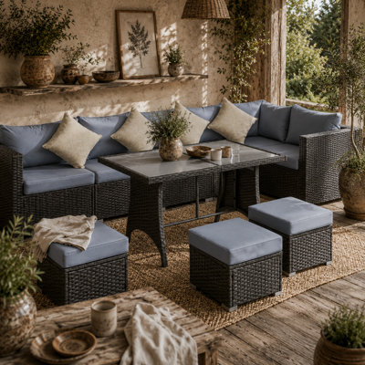 Wyld Haus Vihatta 9-Seater Rattan Corner Dining Sofa SetDeep Grey FrameDusty Blue Cushions from B&Q