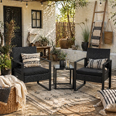 Wyld Haus Sofira 3-Piece Rattan 2-Seater Outdoor Coffee SetCushioned ChairsTempered Glass Table from B&Q