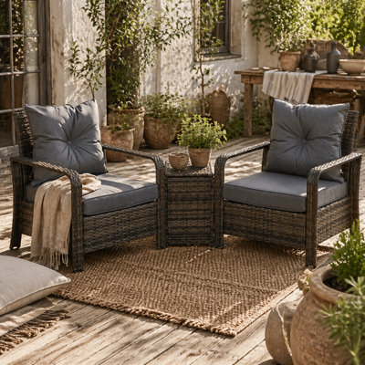 Wyld Haus Ziha Grey 3-Piece Rattan Bistro Set2 Cushioned Armchairs With 72L Storage Coffee Table from B&Q