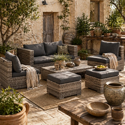 Wyld Haus Relu Mixed Grey 8-Piece Rattan 6-Seater Outdoor Garden Sofa Set With Footstools And Tables from B&Q