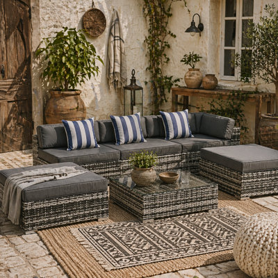 Wyld Haus Nona Rattan Grey 8-Seater Modular Outdoor Sofa And Square Coffee Table Set With Cushions from B&Q