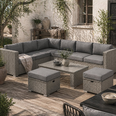 Wyld Haus Rava Mixed Grey 8-Seater Modular Faux Rattan Corner Sofa Set With Glass Coffee Table And Footstools from B&Q