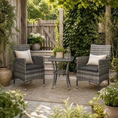 Wyld Haus Sami 3-Piece Grey Rattan-Style Bistro Set With Two-Tier Table And Cushions2 Seater from B&Q
