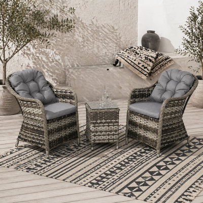 Wyld Haus Yosu Grey 3-Piece Rattan Bistro Set With Glass Top Table2 Armchairs And Cushions from B&Q