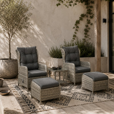 Wyld Haus Lusuva 5-Piece Grey Faux Rattan Reclining Bistro Set2 Armchairs2 FootstoolsGlass Side Table from B&Q