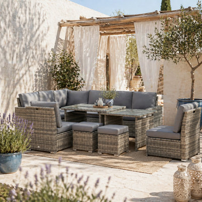Wyld Haus Rokane Rattan Grey 10-Seater Garden Sofa Set With Extending Dining Table from B&Q