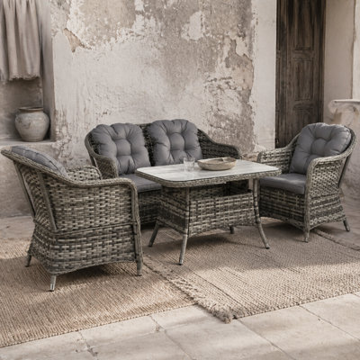 Wyld Haus Nakevi Grey Rattan 4-Seater Garden Seating Set With Tempered Glass Coffee Table from B&Q