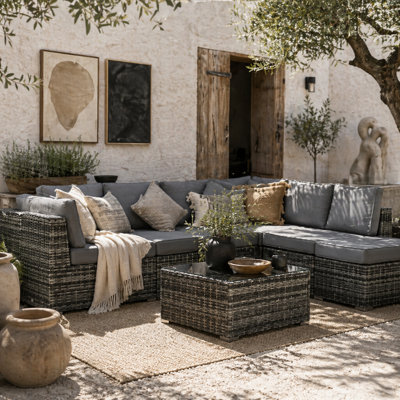 Wyld Haus Rero 8-Piece Grey Modular Rattan Corner Sofa Set With Tempered Glass TableSeats 5 from B&Q