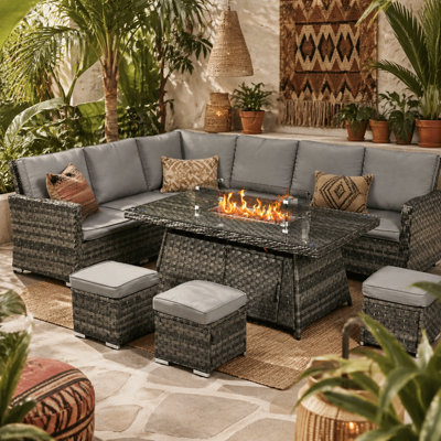Wyld Haus Virire 9-Seater Grey Faux Rattan Garden Sofa Set With Integrated Fire Pit Table from B&Q