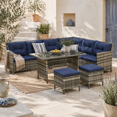 Wyld Haus Rarapa Dark Blue 7-Seater Rattan Garden Sofa Set With Glass Table And Cushions from B&Q
