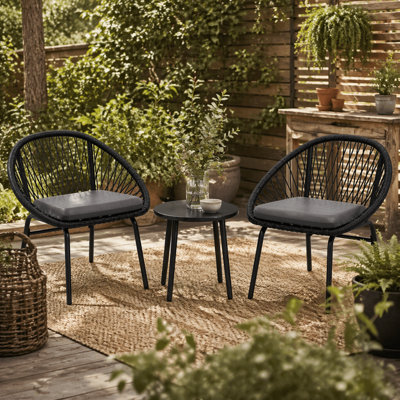 Wyld Haus Lukeno Black Rattan Rope 3-Piece Outdoor Bistro SetRound Table And 2 Tub Chairs With Cushions from B&Q