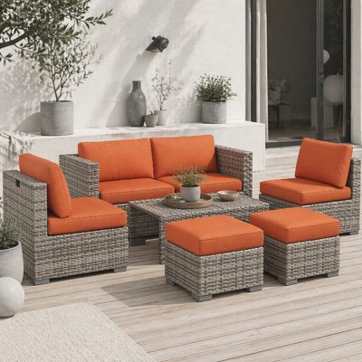 Wyld Haus Suve 8-Piece Grey Pe Rattan 6-Seater Garden Furniture Set With Orange Cushions from B&Q