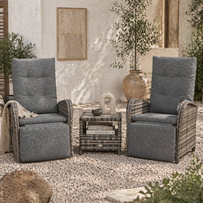 Wyld Haus Elcoto 3-Piece Reclining Rattan Chaise Lounge Set With Two-Tier Table And Fabric CushionsBrown Wicker Grey Cushions from B&Q