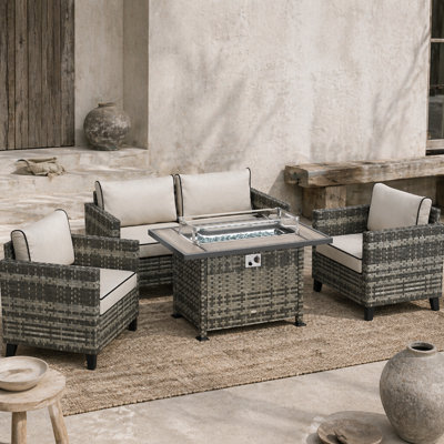 Wyld Haus Nerato Grey 4-Seater Rattan Garden Furniture Set With Integrated Fire Table from B&Q