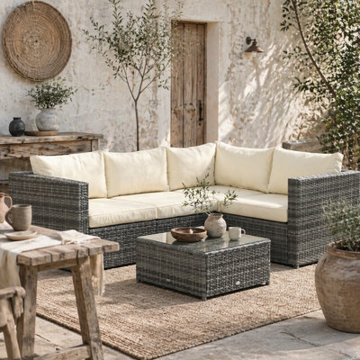Wyld Haus Sapana 4-Seater Mixed Grey Rattan Corner Garden Sofa Set With Tempered Glass Table from B&Q