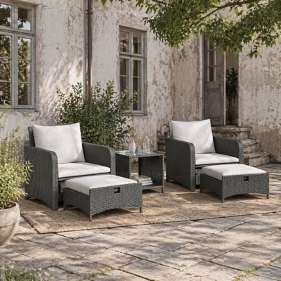 Wyld Haus Mami 5-Piece Grey Rattan Bistro Set With 2-Tier Tempered Glass Coffee Table And Ottomans from B&Q