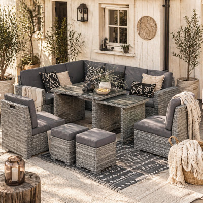 Wyld Haus Nomiri 10-Seater Light Grey Rattan Outdoor Garden Sofa Set With Extendable Dining Table from B&Q