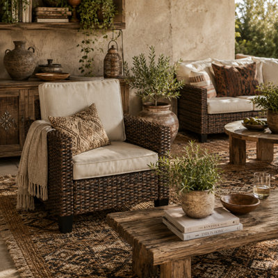 Wyld Haus Sune Rattan Brown Outdoor Armchair With Cream CushionL72 X D74 X H75Cm from B&Q
