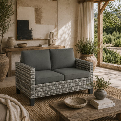 Wyld Haus Kalazi Light Grey Pe Rattan 2-Seater Outdoor Sofa With Dark Grey Cushions from B&Q