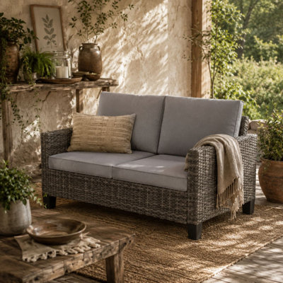 B&Q -  Nolo Dark Grey 2-Seater Outdoor Sofa With CushionsGalvanised Steel FramePe Wicker (L128 X D74 X H75Cm)