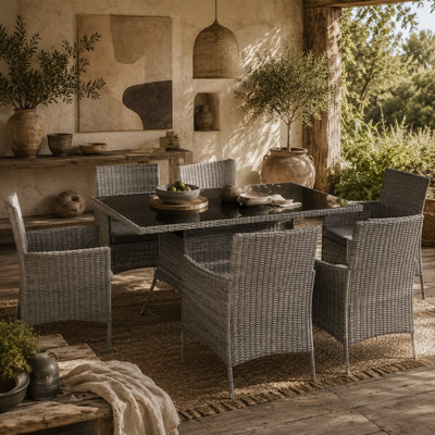 Wyld Haus Lona Rattan Charcoal Grey 6-Seater Outdoor Dining Set6 Cushioned Armchairs With Rectangular Toughened Glass Table from B&Q