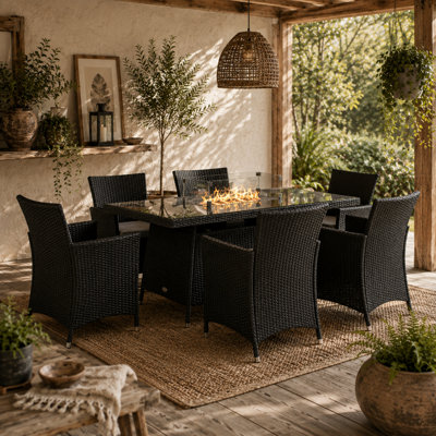 Wyld Haus Lemadi Black Grey 6-Seater Rattan Outdoor Dining Set With 50,000 Btu Fire Pit Table from B&Q