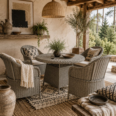 Wyld Haus Sepa 4-Seater Grey And Sand Brown Rattan Outdoor Dining Set With Glass Top And Parasol Hole from B&Q
