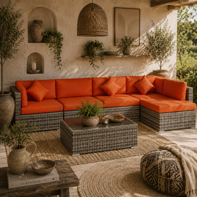 Wyld Haus Yodosu Grey Pe Rattan 5-Seater Modular Corner Sofa Set With Orange CushionsFootstool And Table from B&Q