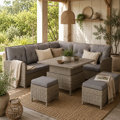 Wyld Haus Mirase Light Grey Faux Rattan 9-Seater Modular Corner Sofa Set With Lift-Up Coffee Table from B&Q