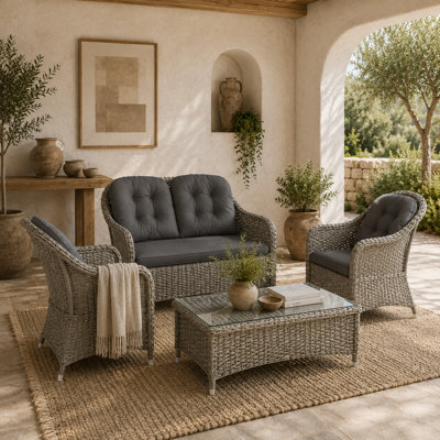 Wyld Haus Nirato Grey 4-Seater Rattan Outdoor Sofa Set With Rectangular Glass Coffee Table from B&Q