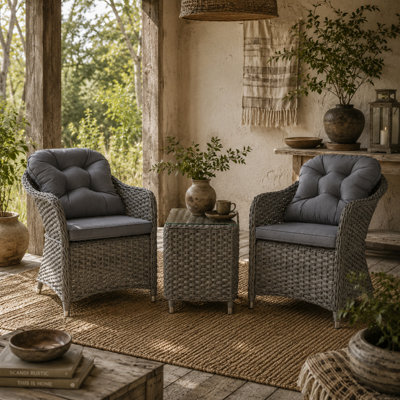Wyld Haus Ravi Light Grey 3-Piece Bistro Rattan Garden Furniture Set2 Cushioned Armchairs And Side Table from B&Q