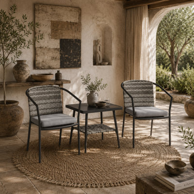 Wyld Haus Midi Grey 3-Piece Rattan Bistro Set2 Chairs With Cushions And Tempered Glass Coffee Table from B&Q