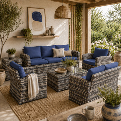 Wyld Haus Resuno 7-Seater Grey Rattan Outdoor Sofa Set With Navy Cushions And Storage Tables from B&Q