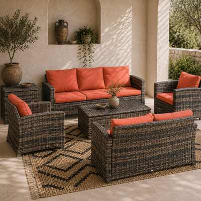 Wyld Haus Toleli 7-Seater Brown Pe Rattan Outdoor Sofa Set With Orange Cushions And Storage Tables from B&Q