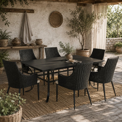 Wyld Haus Paluve 6-Seater Black And Cream Rattan Outdoor Dining Set With Slatted Table And Parasol Hole from B&Q