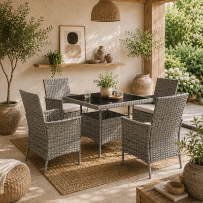 Wyld Haus Noha 5-Piece Grey Rattan Outdoor Dining Set With 90X90Cm Tempered Glass Table from B&Q