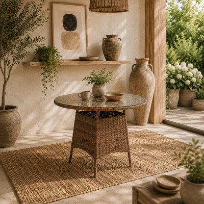 Wyld Haus Rotasa Brown Round Outdoor Rattan Coffee Table 80X74Cm With Tempered Glass And Parasol Hole from B&Q