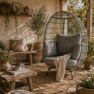 Wyld Haus Tomova Grey Rattan Rope Egg Chair With Cushions And Matching PillowsCharcoal & Light Grey from B&Q